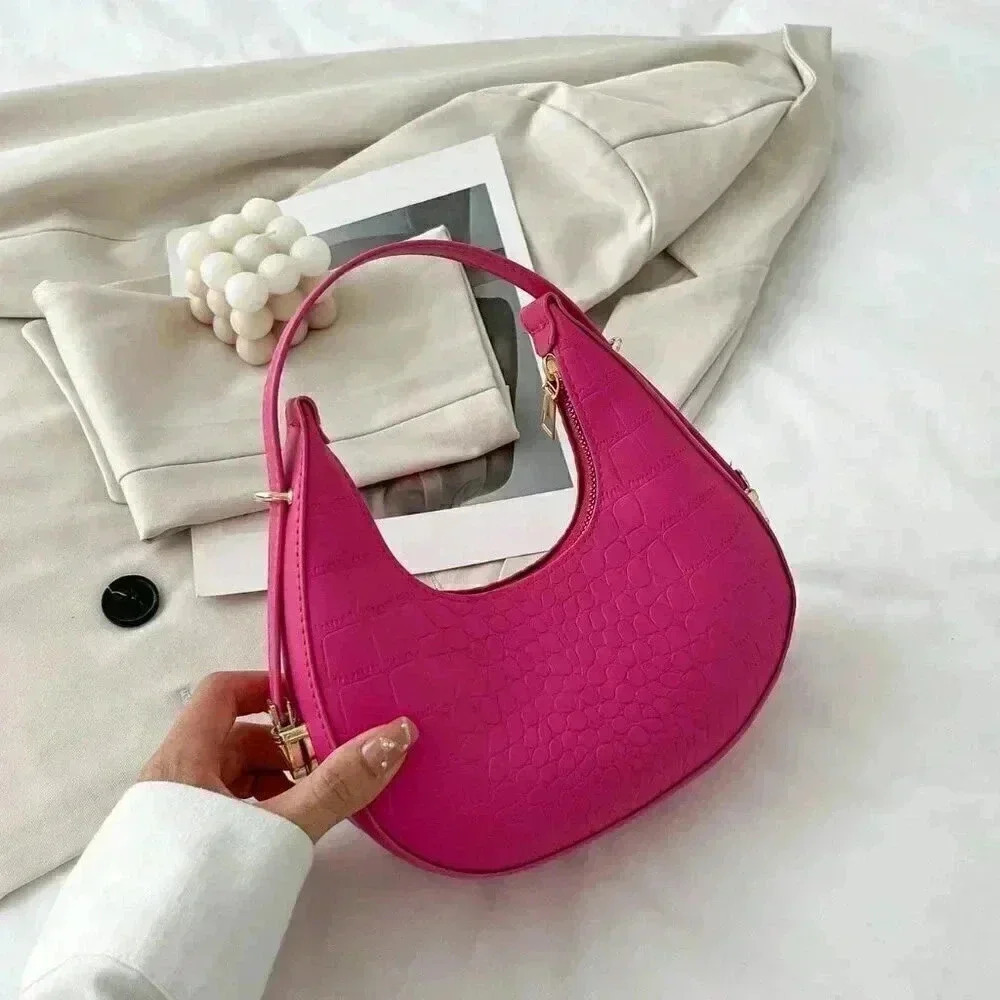 Hot Pink Casual Women's Solid Color Crocodile Pattern Shoulder Bag - Picture 4 of 6